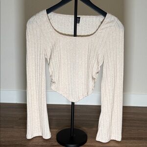 Beige Ribbed Square Neck Blouse